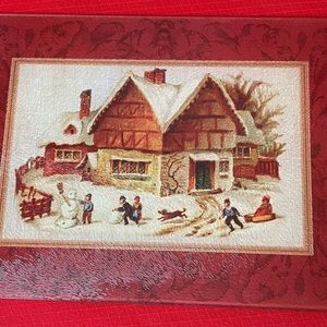 ☃️Vtg Snow Scene Glass non slip Trivet or Cheese Cutting Board. Nostalgic Scene.